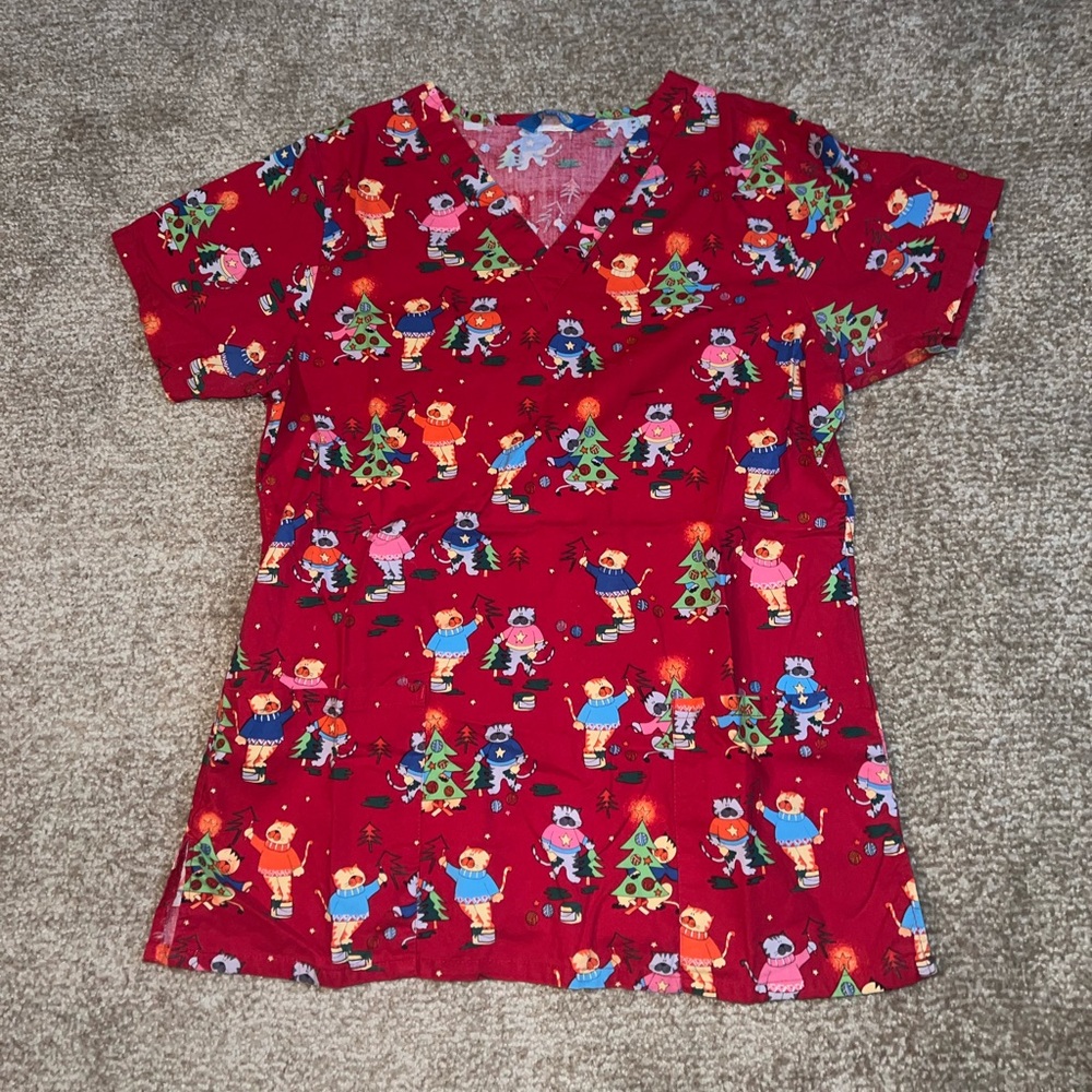 Red Holiday Christmas Cats Women’s Scrubs Top size XS